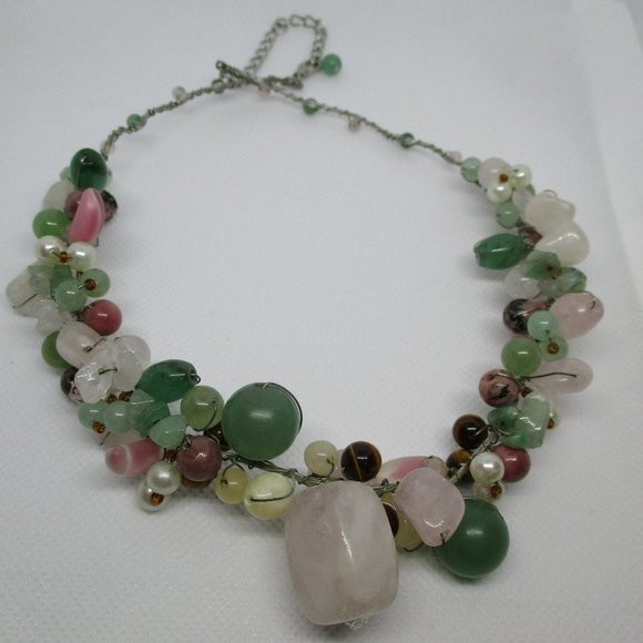 Green Onyx Jade Tiger Eye Rose Quartz Pearl Necklace Multi Gemstone Wire Wrap - Picture 2 of 9